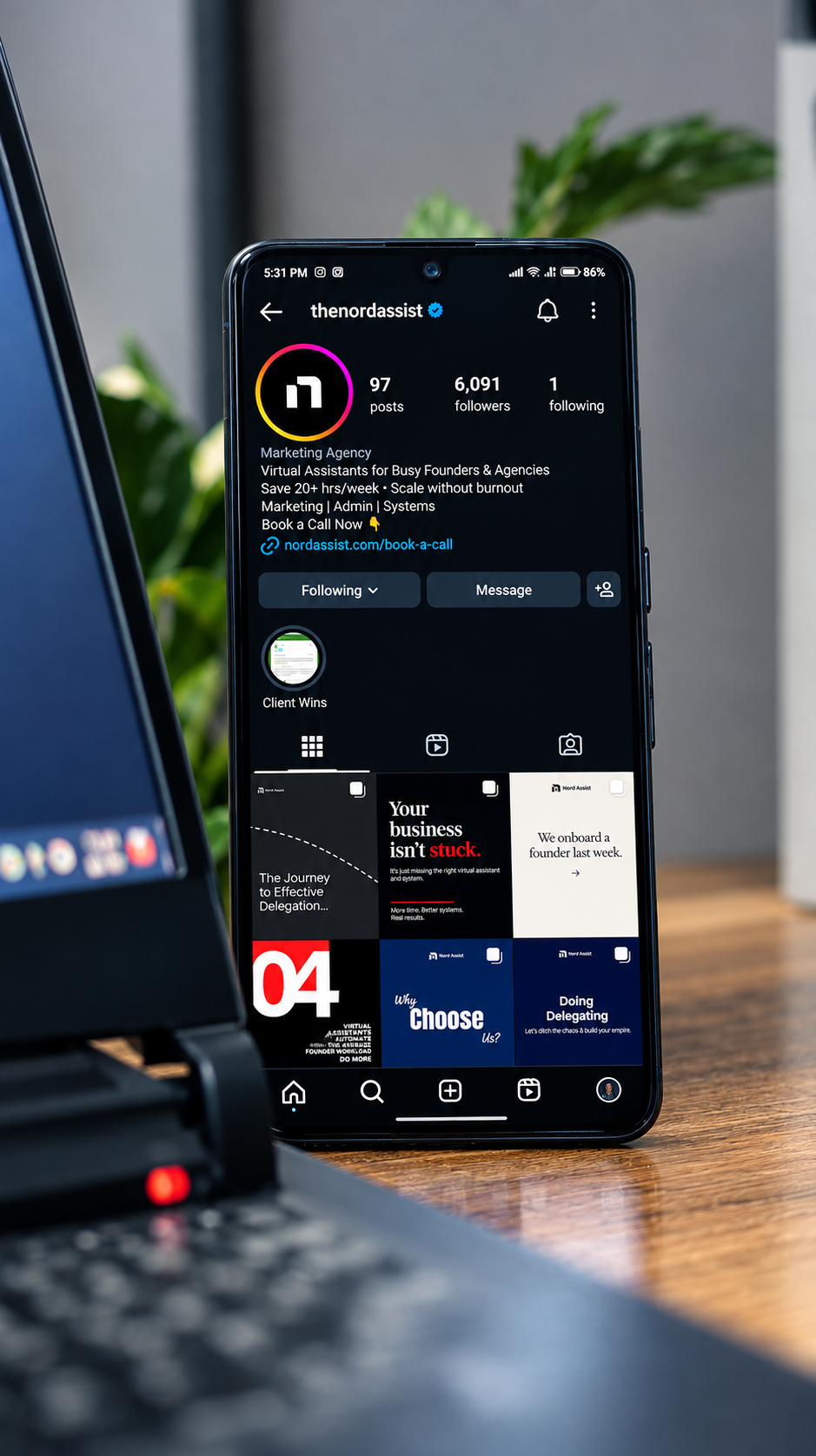 Social media VA planning content on phone